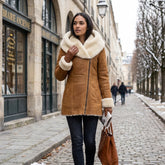 Women’s Genuine Sheepskin Shearling Leather Coat with Hood – Luxury Winter Outerwear (Saba Gold)