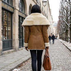 Women’s Genuine Sheepskin Shearling Leather Coat with Hood – Luxury Winter Outerwear (Saba Gold)