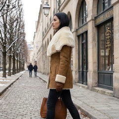 Women’s Genuine Sheepskin Shearling Leather Coat with Hood – Luxury Winter Outerwear (Saba Gold)