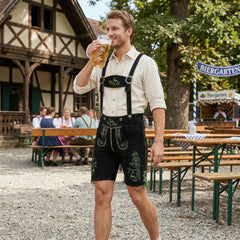 Black & Green Deer Traditional Bavarian Cowhide Suede Lederhosen Shorts for Oktoberfest, Christmas & Carnivals