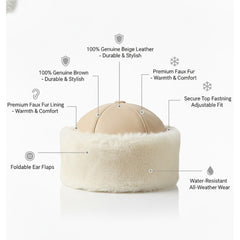 Authentic Unisex Real Sheepskin Shearling Leather Beanie Hat with Fur – Warm Winter Aviator Ushanka hat (Beanie-Tan)