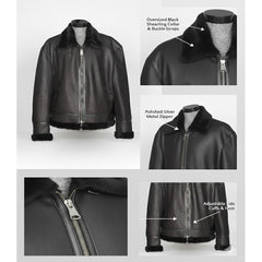 Men’s Authentic B2 Aviator Real Sheepskin Shearling Fur Jacket with removable hood (Black B2)