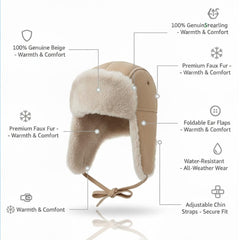 Authentic Unisex Real Sheepskin Shearling Leather Trapper Hat with Fur – Warm Winter Aviator Ushanka hat (Shanka-Tan)