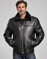 Men’s Genuine Sheepskin Shearling Leather Jacket, Black Fur Collar Aviator Bomber Winter Coat (Blackstone)