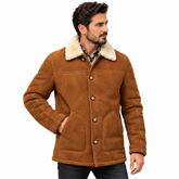 Men’s Genuine Sheepskin Shearling Leather Coat, Brown Suede Fur Collar Winter Jacket (Montana)