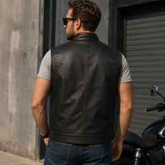 Men’s Black Leather Motorcycle Concealed Carry Vest (Style 1)