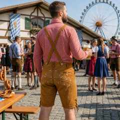 Gold Traditional Bavarian Cowhide Suede Lederhosen Shorts for Oktoberfest, Christmas & Carnivals