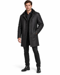 Men’s Genuine Sheepskin Shearling Coat – Black Leather Fur Lined Winter Overcoat (Mark-B)