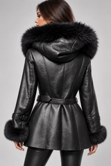 Ladies’ Shearling Leather Coat with Detachable Hood Fox Fur Collar (Cynthia Black)
