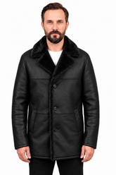 Men’s Genuine Sheepskin Shearling Leather Coat, Black Fur-Lined Winter Overcoat (Hudson)