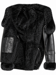 Ladies’ Shearling Leather Coat with Detachable Hood Fox Fur Collar (Cynthia Black)