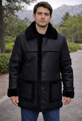 Men’s Authentic Sheepskin Shearling Real Fur Winter Long Coat – Black Leather Shearling Jacket (Marlboro-B)