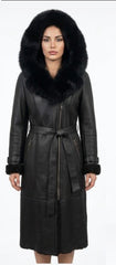 Women’s Sheepskin Shearling Leather Long Coat with Fox Fur (Molly Black)