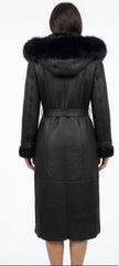 Women’s Sheepskin Shearling Leather Long Coat with Fox Fur (Molly Black)
