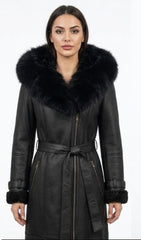 Women’s Sheepskin Shearling Leather Long Coat with Fox Fur (Molly Black)
