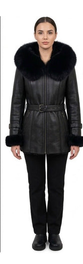 Ladies’ Shearling Leather Coat with Detachable Hood Fox Fur Collar (Cynthia Black)