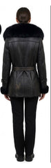 Ladies’ Shearling Leather Coat with Detachable Hood Fox Fur Collar (Cynthia Black)