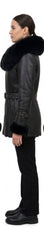 Ladies’ Shearling Leather Coat with Detachable Hood Fox Fur Collar (Cynthia Black)