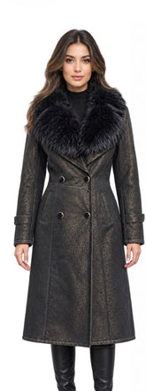 Women’s Sheepskin Shearling Leather Long Coat with Fox Fur – (Spanish Enterfino Print)