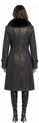 Women’s Sheepskin Shearling Leather Long Coat with Fox Fur – (Spanish Enterfino Print)