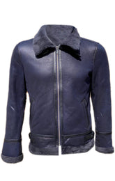 Men’s Real Sheepskin Shearling Fur Leather Jacket – Aviator Style with genuine Fur (Aviator-Blue)