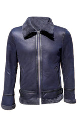 Men’s Real Sheepskin Shearling Leather Jacket – Aviator Style with genuine (Aviator-Blue)