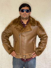 Men’s Real Sheepskin Shearling Fur Leather Jacket – Aviator Style with genuine Fur Detachable Hood and Belt (Aviator-B6)