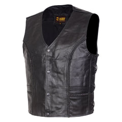 Men’s Black Leather Motorcycle Concealed Carry Vest (Braided)