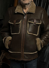 The Maverick – Men’s Genuine Sheepskin Shearling Leather Aviator Jacket, Brown Fur-Lined B3 Bomber Winter Coat