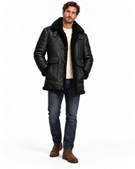 Men’s Genuine Sheepskin Shearling Leather Coat, Cognac Brown Fur-Lined Aviator Winter Jacket (Yellowstone)
