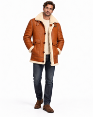 Men’s Genuine Sheepskin Shearling Leather Coat, Cognac Brown Fur-Lined Aviator Winter Jacket (Yellowstone)