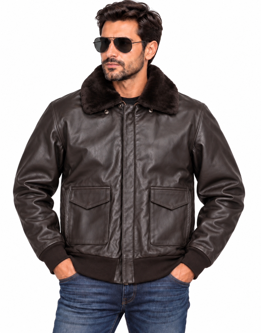 Men's Genuine Cowhide Leather Aviator Bomber Jacket – Detachable