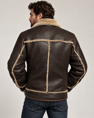 The Maverick – Men’s Genuine Sheepskin Shearling Leather Aviator Jacket, Brown Fur-Lined B3 Bomber Winter Coat