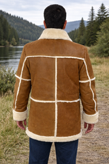 Men’s Authentic Sheepskin Shearling Real Fur Winter Long Coat – Black Leather Shearling Jacket (Marlboro-G)