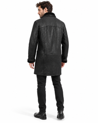 Men’s Genuine Sheepskin Shearling Coat – Black Leather Fur Lined Winter Overcoat (Mark-B)
