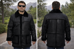Men’s Authentic Sheepskin Shearling Real Fur Winter Long Coat – Black Leather Shearling Jacket (Marlboro-B)