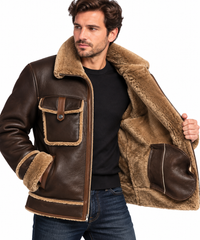 The Maverick – Men’s Genuine Sheepskin Shearling Leather Aviator Jacket, Brown Fur-Lined B3 Bomber Winter Coat