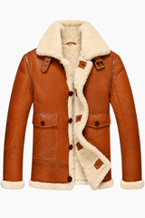 Men’s Genuine Sheepskin Shearling Leather Coat, Cognac Brown Fur-Lined Aviator Winter Jacket (Yellowstone)