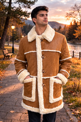 Men’s Authentic Sheepskin Shearling Real Fur Winter Long Coat – Black Leather Shearling Jacket (Marlboro-G)