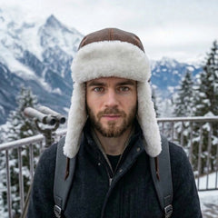 Authentic Unisex Sheepskin Shearling Leather Trapper Hat – Warm Winter Aviator Ushanka hat (Snap-BW)