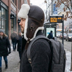 Authentic Unisex Sheepskin Shearling Leather Trapper Hat – Warm Winter Aviator Ushanka hat (Snap-BW)
