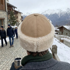 Authentic Unisex Real Sheepskin Shearling Leather Beanie Hat with Fur – Warm Winter Aviator Ushanka hat (Beanie-Tan)