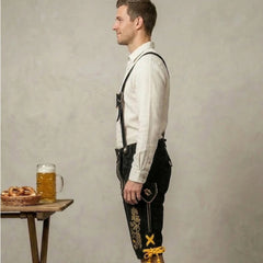 Black & Yellow Traditional Bavarian Cowhide Suede Lederhosen Shorts for Oktoberfest, Christmas & Carnivals