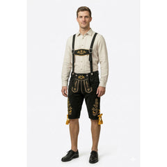 Black & Yellow Traditional Bavarian Cowhide Suede Lederhosen Shorts for Oktoberfest, Christmas & Carnivals