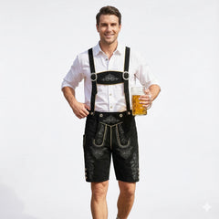 Black 2 Traditional Bavarian Cowhide Suede Lederhosen Shorts for Oktoberfest, Christmas & Carnivals