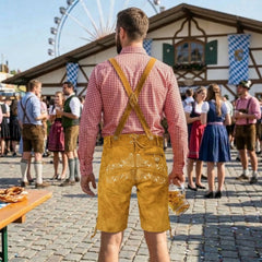 Gold Traditional Bavarian Cowhide Suede Lederhosen Shorts for Oktoberfest, Christmas & Carnivals