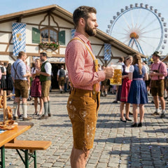 Gold Traditional Bavarian Cowhide Suede Lederhosen Shorts for Oktoberfest, Christmas & Carnivals