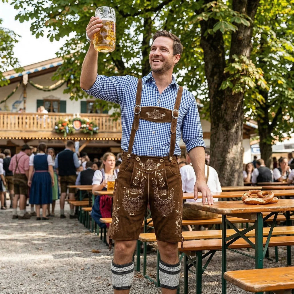 Brown Traditional Bavarian Cowhide Suede Lederhosen Shorts for