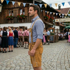 Gold 2 Traditional Bavarian Cowhide Suede Lederhosen Shorts for Oktoberfest, Christmas & Carnivals