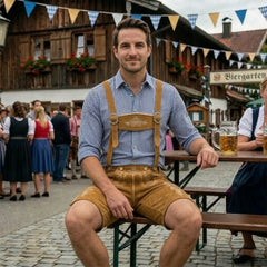 Gold 2 Traditional Bavarian Cowhide Suede Lederhosen Shorts for Oktoberfest, Christmas & Carnivals